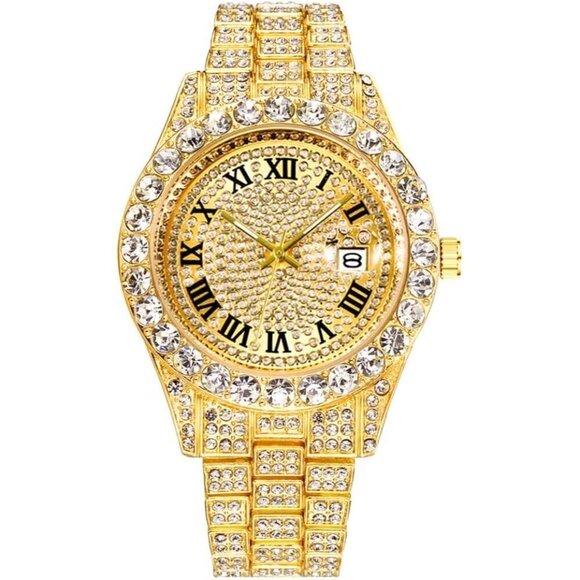 ✨ Hunruy Watches Men Gold Big Rocks Roman Numerals Fully Iced Out Dial Watch - Picture 1 of 6